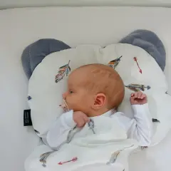 Nowy dzidziuś śpi na poduszce dla niemowlaka w kształcie misia, otulony kocykiem z piórkami.