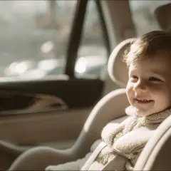 Uśmiechnięte dziecko w foteliku samochodowym, gotowe na zimową podróż. Pamiętaj o odpowiednim zabezpieczeniu, jak przewozić dziecko w foteliku zimą.