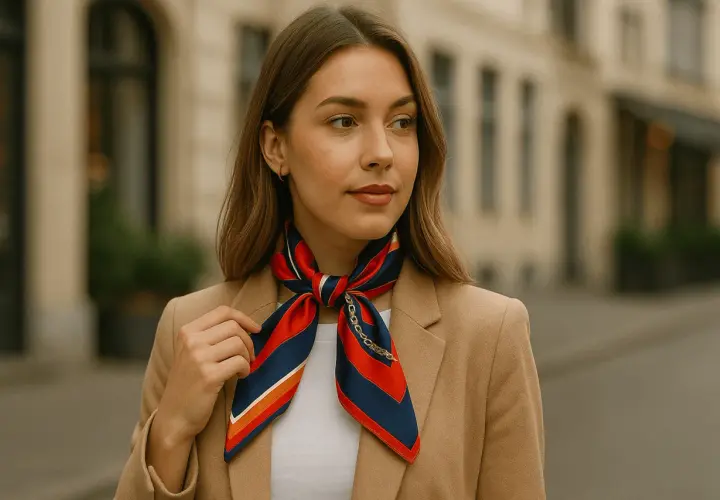 Elegancka apaszka pod szyję w paski czerwone, granatowe i pomarańczowe, ozdobiona złotym łańcuszkiem, dodaje szyku stylizacji.