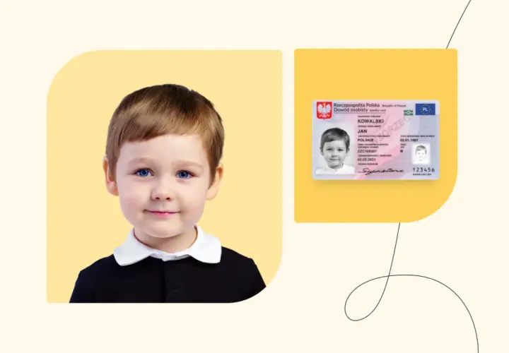 Uroczy chłopiec z niebieskimi oczami i polski dowód osobisty. Dowiedz się, ile czeka się na dowód osobisty dla dziecka.