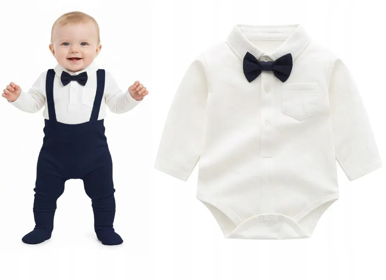 Uśmiechnięty chłopiec w eleganckim body z kołnierzykiem i granatowymi szelkami. Obok pokazano samo body.