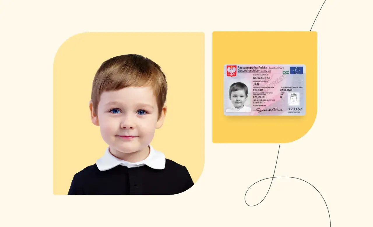 Uroczy chłopiec z niebieskimi oczami i polski dowód osobisty. Dowiedz się, ile czeka się na dowód osobisty dla dziecka.